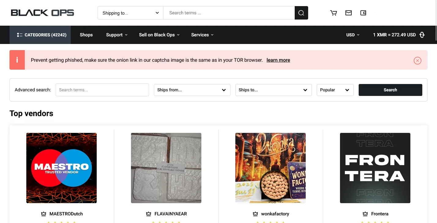 Black Ops market interface showing a compact, screened vendor catalogue rather than a 50,000-listing bazaar