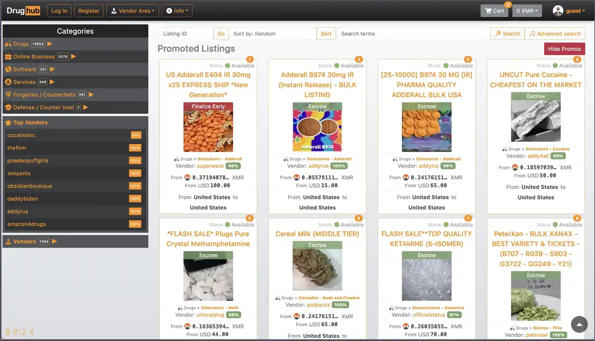 DrugHub market interface showing PGP-based registration and Monero-only checkout