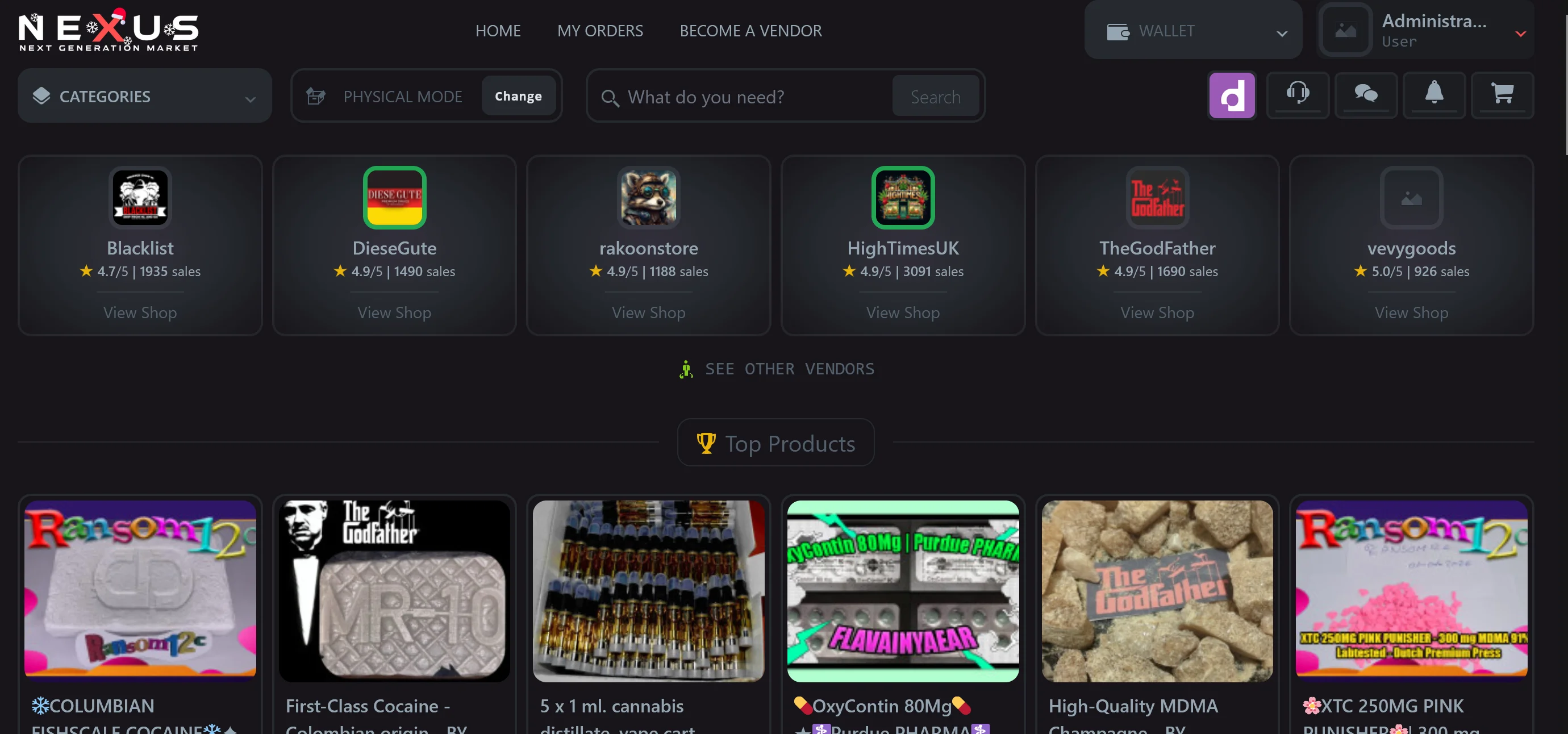 Nexus market dashboard showing the order overview, vendor ratings and clean search interface