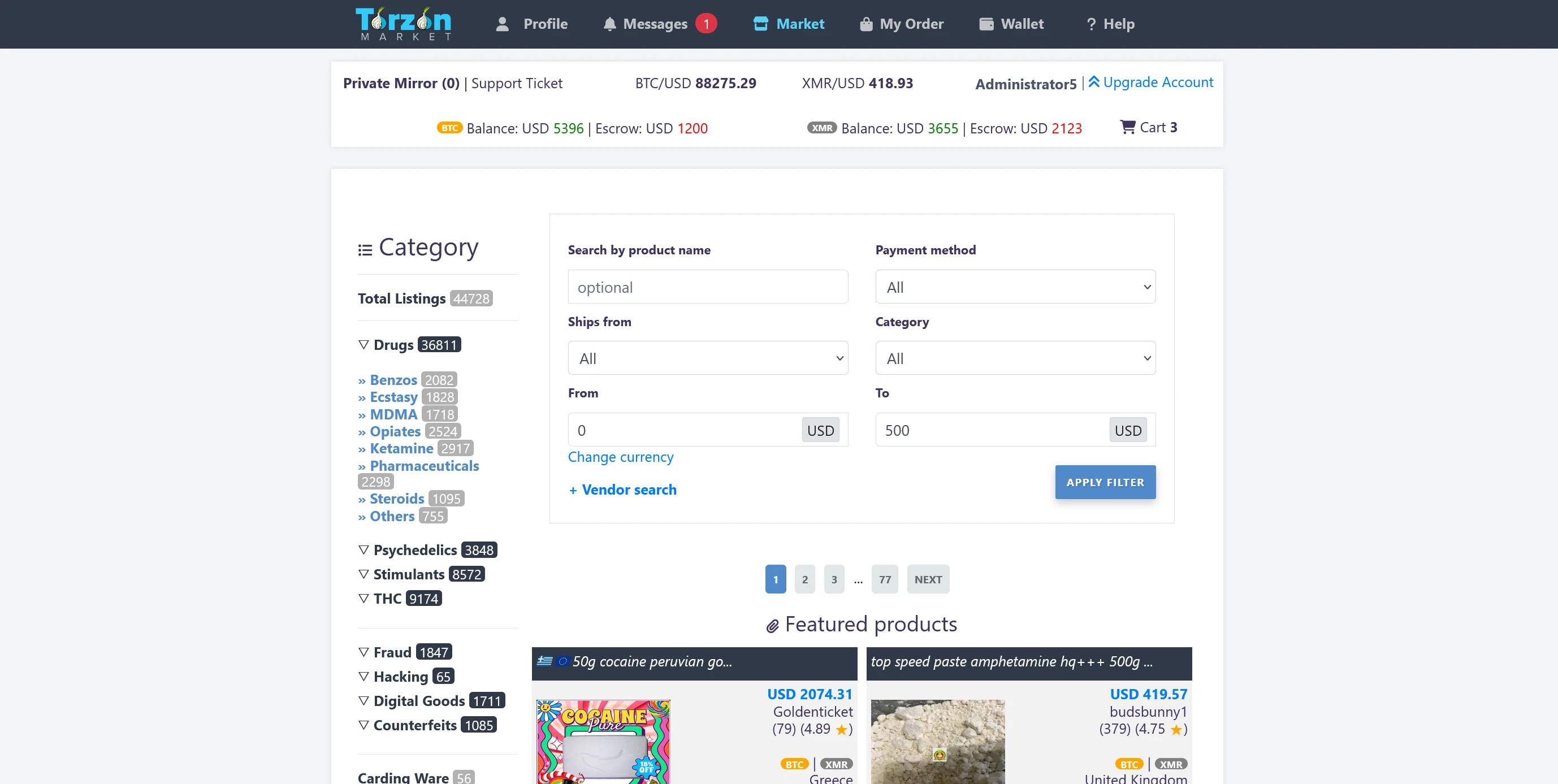TorZon darknet market homepage showing the dashboard, categories and account header